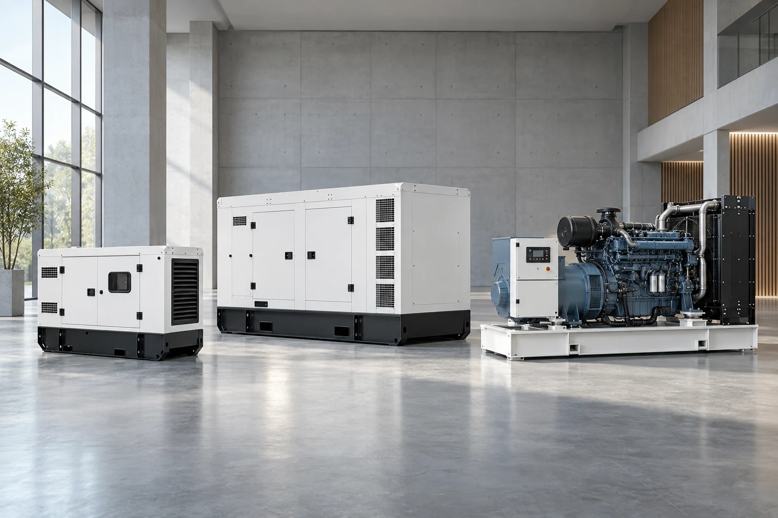 Conceptual lineup of enclosed and open industrial generators